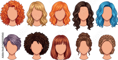 Tableau sur toile Female Hairstyle and Hair Color Vector Set Featuring Curly Wavy Short and Braide