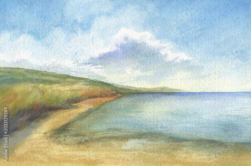 Beautiful landscape, panoramic illustration. Blue mountains and green grassy meadows by the seashore. Hand-drawn watercolor painting.