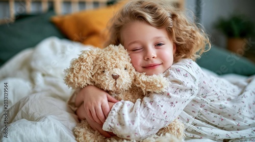 A sweet moment of a child cuddling a teddy bear, capturing the innocence of childhood and the comfort toys bring in a cozy indoor environment.