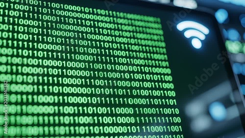 Digital Binary Code and WiFi Symbol on Screen.