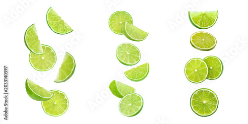 Photos 3 styles of  Flying Lime Slices and Wedges Isolated PNG on Transparent Background
