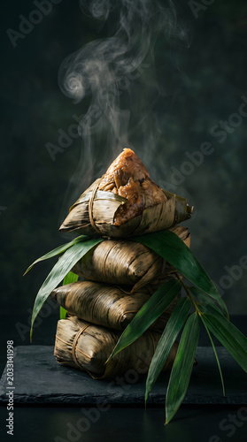 Steaming traditional Chinese Zongzi rice dumplings wrapped in bamboo leaves