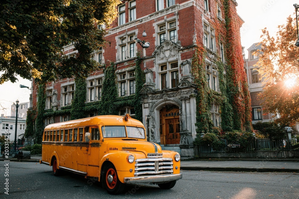 Fototapeta premium Yellow School Bus Parked in Front of a Large Contemporary Building