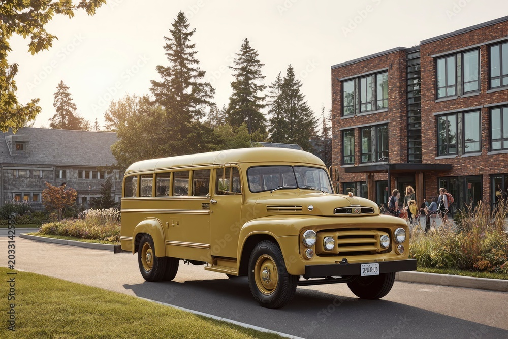Obraz premium Vintage Yellow School Bus Parked in Front of Modern Architecture