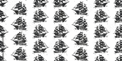Fotografi Sailing ship pattern grayscale vector illustration on a white background