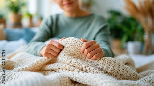 A close-up of a woman lovingly clutching a soft knitted blanket, creating a warm atmosphere that reflects comfort and relaxation in a stylish home setting.