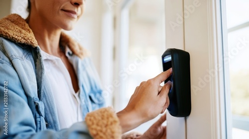 A woman stands at the entrance of her home, using a smart lock, blending modern technology with everyday life, reflecting convenience and security in home management.