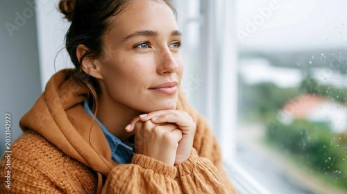 A beautiful young woman in a cozy hoodie gazes thoughtfully out of a rain-speckled window, deep in contemplation about life, surrounded by warmth and comfort indoors.