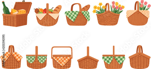 Foto Wicker Picnic Basket Vector Set Featuring Gingham Cloth Liners Fresh Food Fruits