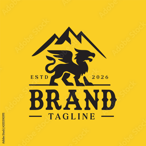 Φωτογραφία Heraldic Mythical Griffin Dragon Mountain Crest Yellow Badge Logo Design