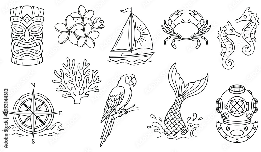 Obraz premium Set of nautical and tropical themed vector illustrations including a tiki mask, coral, compass, parrot, sailboat, mermaid tail, crab, seahorse, and diving helmet