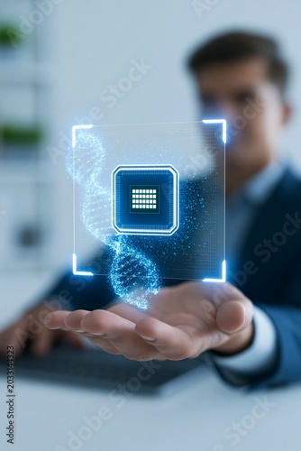 Man holds futuristic hologram of microchip and DNA, technology concept