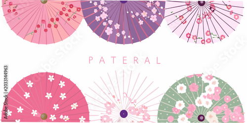 Schilderij op canvas Floral paper umbrellas vector illustration with decorative blossoms and ribs