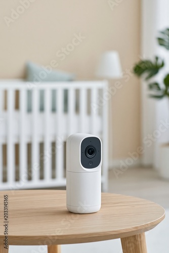 Modern wireless security camera on wooden table in bright baby room nursery