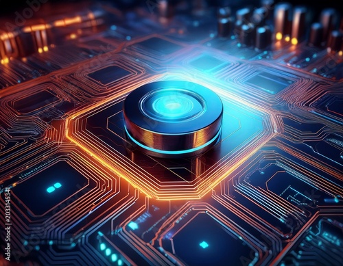 futuristic battery on glowing circuit board