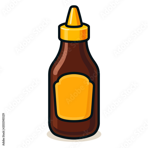 BBQ sauce bottle with yellow label and squeeze cap cartoon vector illustration isolated on white background