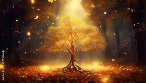 a single golden tree glows brightly in a dark forest with light rays and leaves falling around it