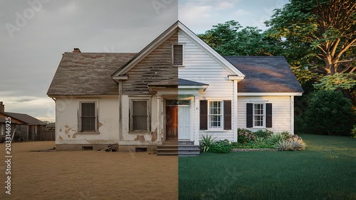 Split view of a dilapidated old house transformed into a fully renovated modern home with real estate house improvement abandoned house
