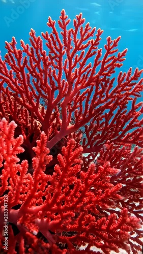 Deep underwater macro, highly intricate, beautifully branching bright red ocean coral gently swaying in a completely clear, sunlit tropical marine environment, 4k.