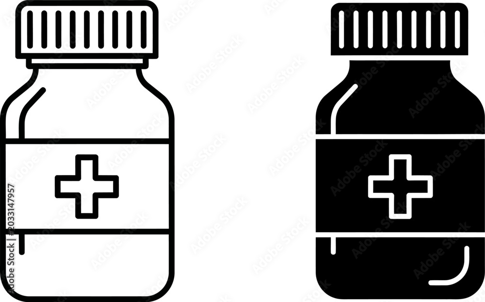 Fototapeta premium Two medicine bottles with cross symbol in outline and solid black against white background
