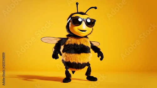 Cartoon bee character posing joyfully against a bright yellow background
