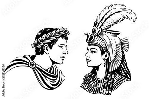 Bild auf Leinwand Cleopatra and Mark Antony Portraits. Black and white cliparts.