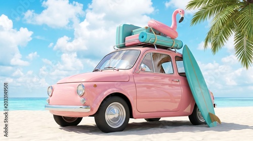 Pink vintage car packed with luggage and surfboard on sunny beach vacation.