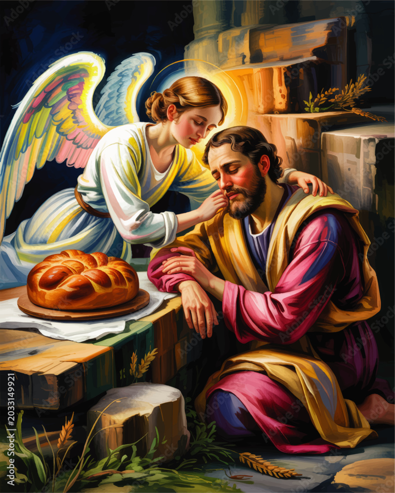 Obraz premium Biblical angel comforting weary man with bread, colorful religious illustration of divine encouragement, faith, and spiritual hope