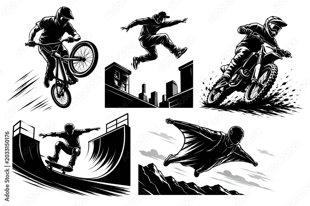 Obraz premium Extreme Sports Silhouettes Set. BMX, Skateboarding And Wingsuit Vector Collection
