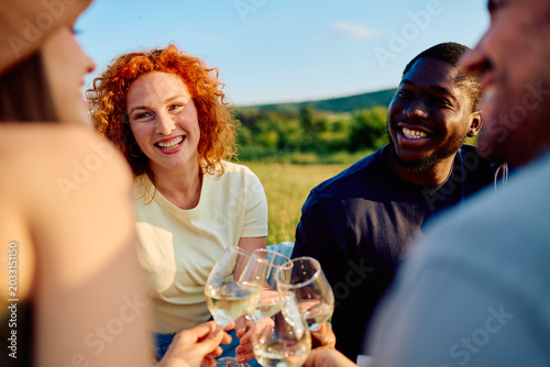 Fotografie Diverse friends celebrating outdoors, making a toast with wine glasses in a fiel