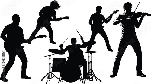 Music band silhouettes performing with guitar drums and violin isolated on white