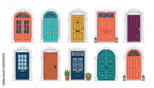 Foto Front doors house entrance vector illustration set
