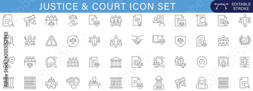 Fotografía Justice and Court Line Icon Set Collection with Legal Symbols Judiciary Scales G