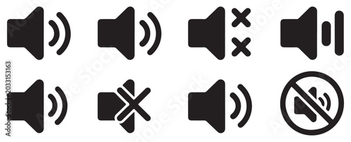 Photos Set of eight volume icons, speaker icons, and sound icons on transparent background