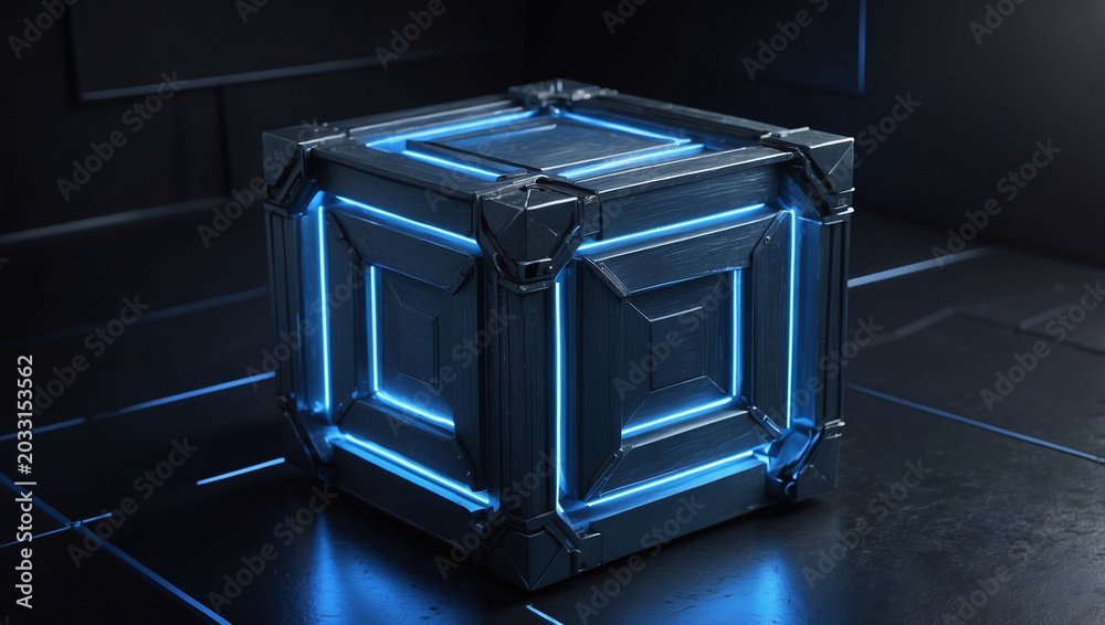 Naklejka premium Close-up of Intricate Mechanical Cube Radiating Blue Cyan Internal Light