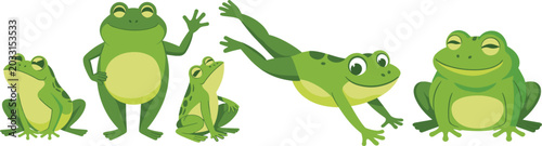 Bilde på lerret Green frog cartoon character collection with different poses isolated amphibian