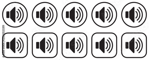 Fényképezés Filled speaker volume icons in circles and squares on transparent background