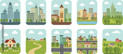 Landscape and urban environment illustration collection featuring cityscapes, suburban houses, rural farm scenes, roads, and architectural design