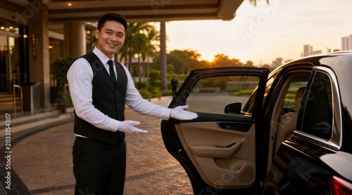Concierge opens car door at sunset