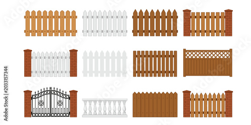 Εκτύπωση καμβά Wooden fence and garden gate vector cartoon element set