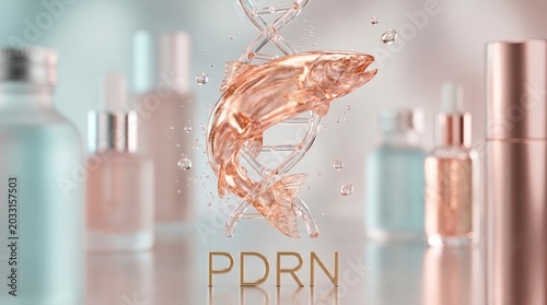 Translucent glass salmon fish and DNA helix with PDRN text. Luxury skincare, anti-aging cosmetics, and beauty therapy concept with serum bottles background. 3D render
