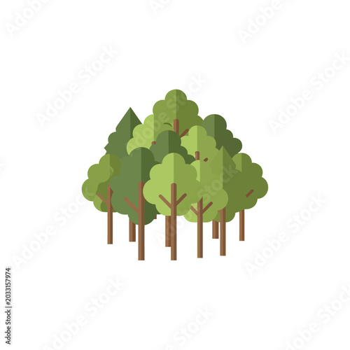 Flat design green forest trees icon isolated on white