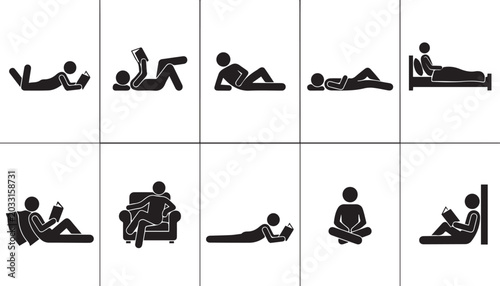 Slika na platnu Reading and Relaxing People Icon Silhouette Collection with Sitting Lying and Be