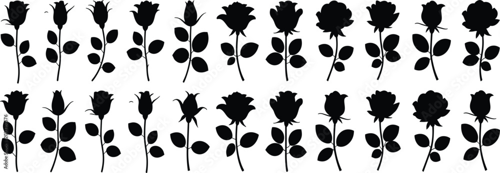 Obraz premium Elegant Rose Flower Silhouette Collection Featuring Botanical Floral Elements, Romantic Nature Designs, and Decorative Garden Illustrations for Creative Branding Projects