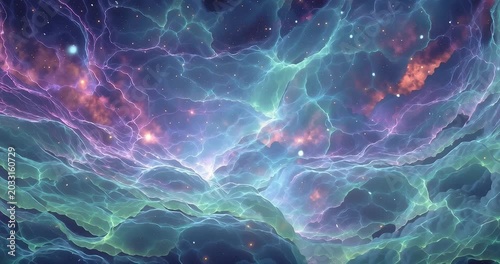 Vibrant cosmic nebula with glowing gas clouds and distant stars in deep space