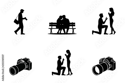 Tableau sur toile Set of black silhouette depicting a man proposing to a woman on one knee and var