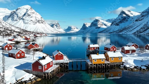 Scenic view of snow covered mountains and colorful wooden houses