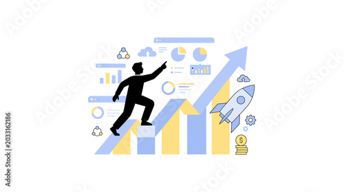 Foto Businessman climbing upward growth chart with rocket