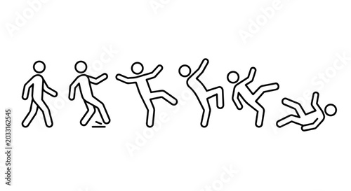 Tableau sur toile Stick figure slipping and falling down accident motion frame sequence line art