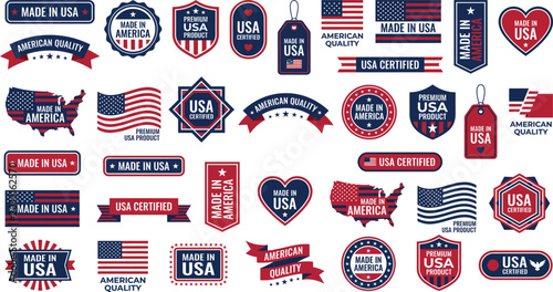 American Quality Badges and Made in USA Labels – Patriotic Vector Collection
